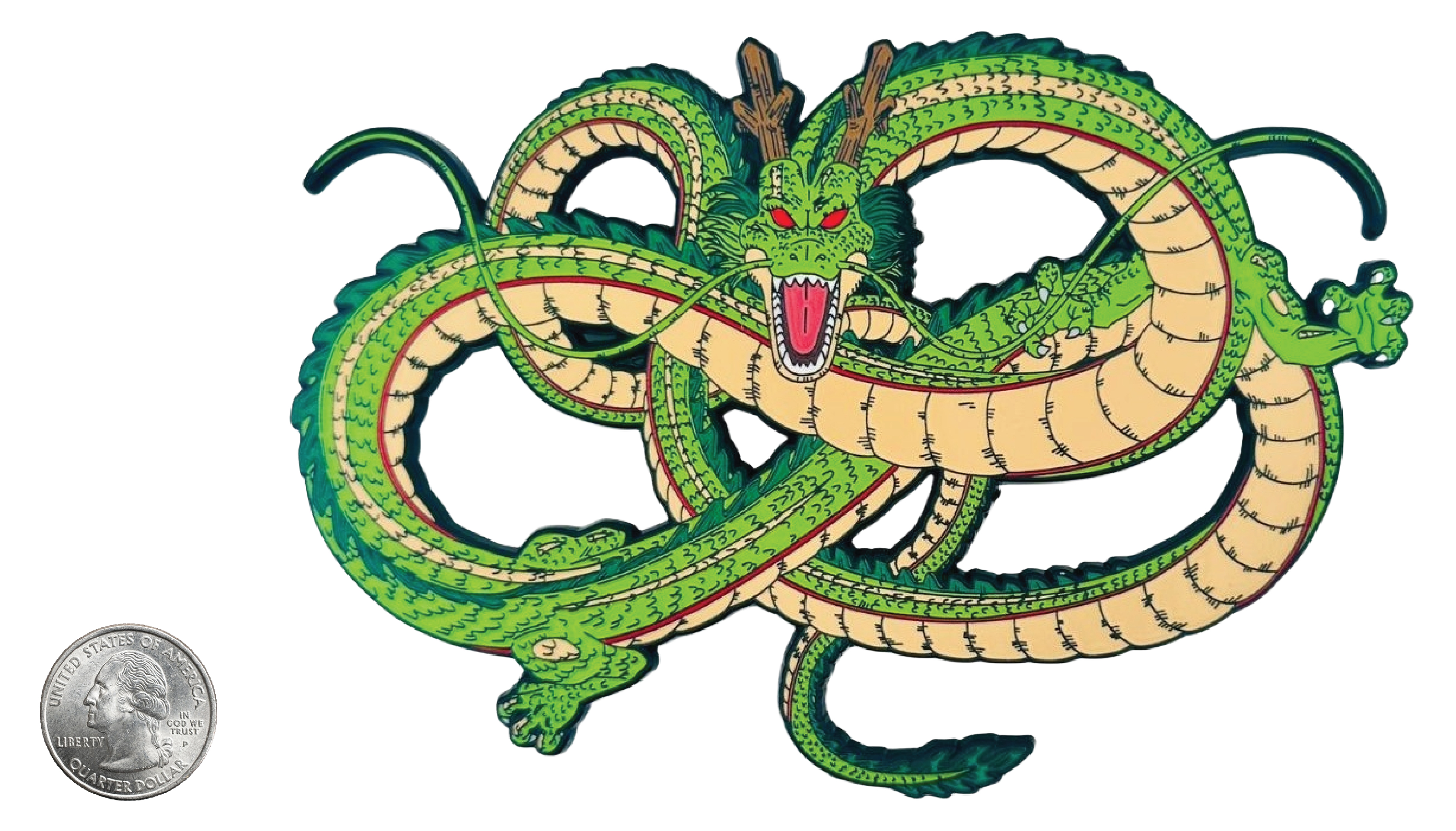 Gallery of Past Giant Pins - Shenron Pin - Quarter Comparison